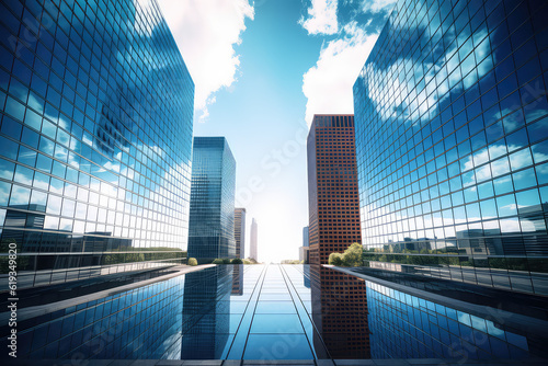 Reflective skyscrapers  business office buildings. low angle view of skyscrapers in city  sunny day. Business wallpaper with modern high-rises with mirrored windows. Generative AI photo.