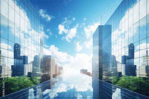 Reflective skyscrapers  business office buildings. low angle view of skyscrapers in city  sunny day. Business wallpaper with modern high-rises with mirrored windows. Generative AI photo.