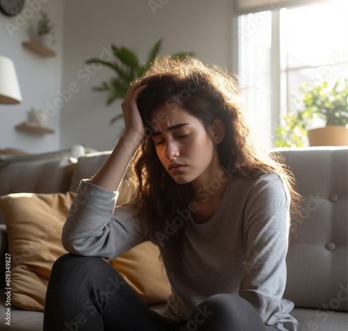 young woman having a headache, sitting on a couch feeling pain 