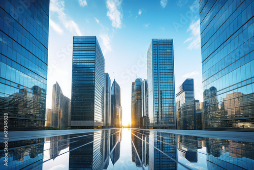 Reflective skyscrapers, business office buildings. low angle view of skyscrapers in city, sunny day. Business wallpaper with modern high-rises with mirrored windows. Generative AI photo.