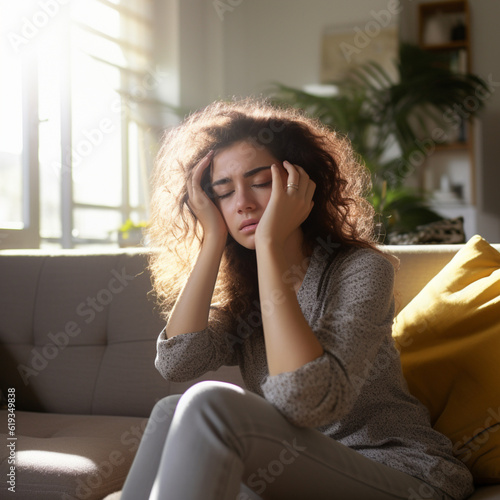 young woman having a headache, sitting on a couch feeling pain 