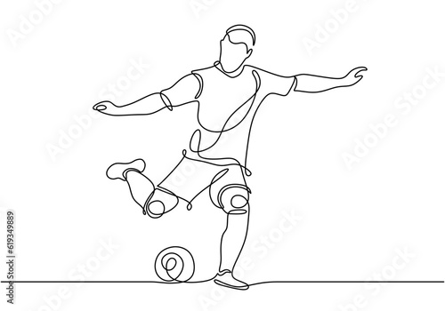 Soccer sport player, continuous one line drawing of sportsman kick a ball.