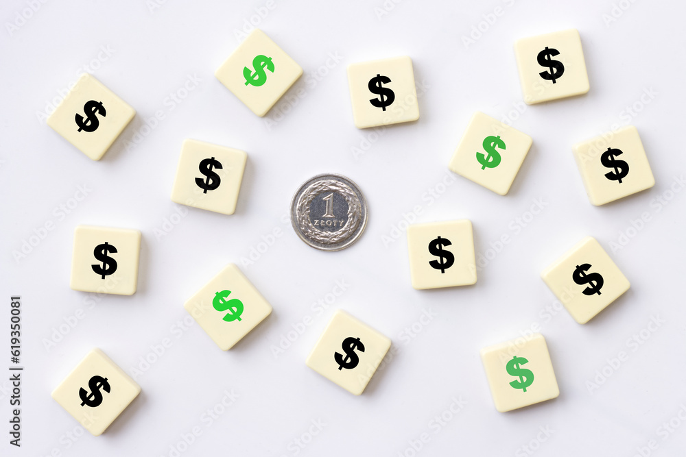 One Polish Zlotych on white background, blocks with green and black