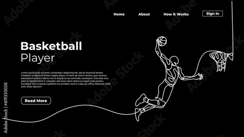 One line drawing basketball player, athlete people jump and slam dunk a ball. Landing page web template.