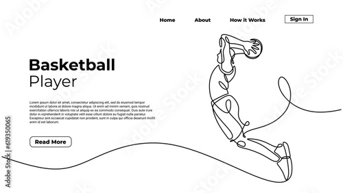 Foto Slamdunk style basketball player, continuous one line art drawing, vector silhouette illustration, people jump