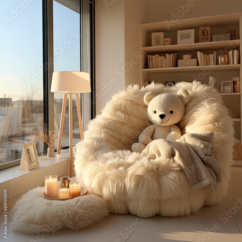 A big fluffy teddy bear in a chair. Generative AI illustration