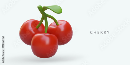 Realistic red cherries on twig. Vector image in plasticine style. Fragrant berries for desserts, sweets. Vegetarian vitamin snack. Template for web design with place for logo, text