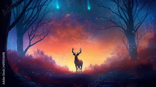 fantastic landscape lone deer fantasy style. dream fairy tale magic art. Generative AI
