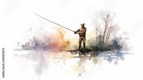 fisherman on a white background watercolor drawing poster. Generative AI