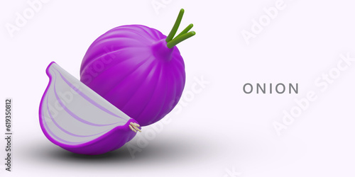 Red onion whole and cut. Fresh vegetables from garden. Bulb with green top. Color poster with 3D object. Advertising poster for green shop, culinary sites