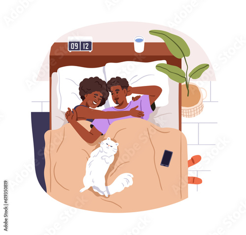 Love couple, cute cat waking up in morning at weekend. Happy black woman and ...