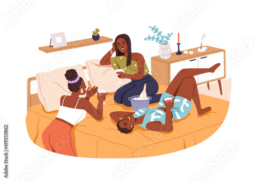 Black women friends gathering together at home hen party. Happy young African...