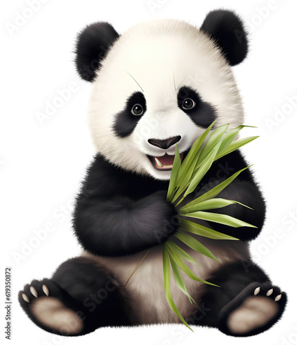 Fotografia cute panda cub eating a bamboo leaves, isolated on transparent background