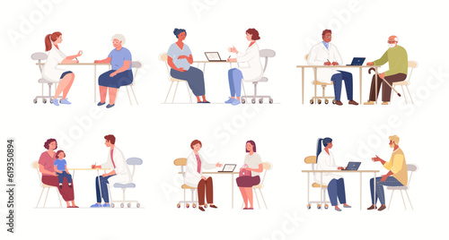 Collection of scenes with doctor and patient. Medical diagnostics, consultations, treatment. Improvement of adults and children. Family medicine. Vector characters flat cartoon illustration.