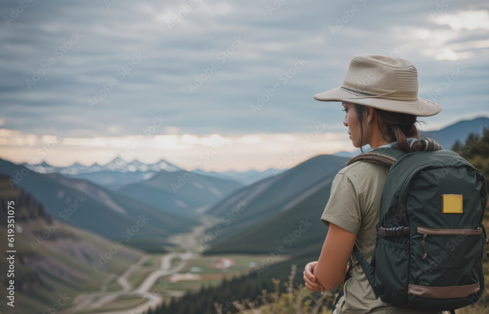 Rear view of female hiker with hat and backpack wearing olive hiking clothes looking out over a landscape, generative AI