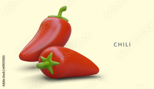 3D red chili pepper with shadows. Burning vegetable for seasoning. Ingredient for spicy dishes. Advertising poster in plasticine style. Template with title