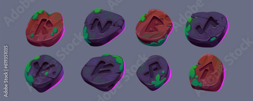 Viking stone rune alphabet for ui game cartoon vector set isolated on background. Nordic runic wood sign with ancient fehu letter symbol for magic witchcraft fantasy interface gui clipart collection.