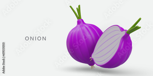 Horizontal vector template with 3D purple onion. Whole and halving bulb. Preparing vegetables for consumption. Cute poster for advertising cooking courses, apps