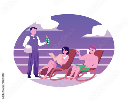 Nice couple resting, sunbathing on the deck of luxury cruise liner, yacht, bartender brought soft drinks, flat vector illustration