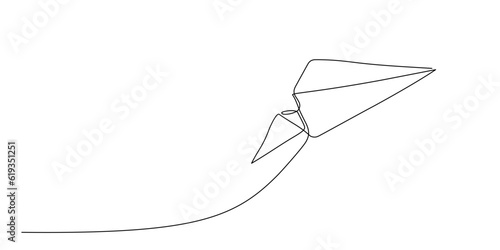 Paper plane flying up. Continuous single line drawing for business, travel or journey illustration. Single line art style. Airplane with destination line path. Doodle handdrawn drawing editable stroke