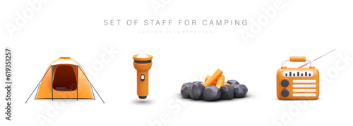 Camping property set. 3D tent, flashlight, radio, fireplace. Color vector illustration in orange and black. Images for touristic sites, applications. Hiking, trekking, mountaineering