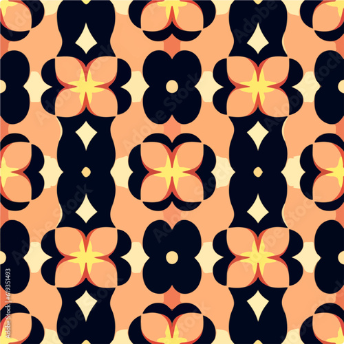 On a white backdrop  an eye catching orange and black flower pattern forms a lively  neon floral design in a repeating fabric pattern.