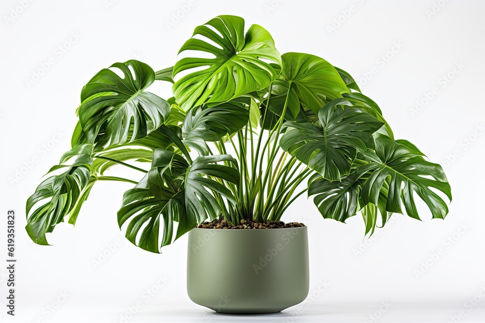 Clean image of a large leaf house plant Monstera deliciosa in a gray pot on a white background Clean image of a large leaf house plant Monstera deliciosa in a gray pot on a white background