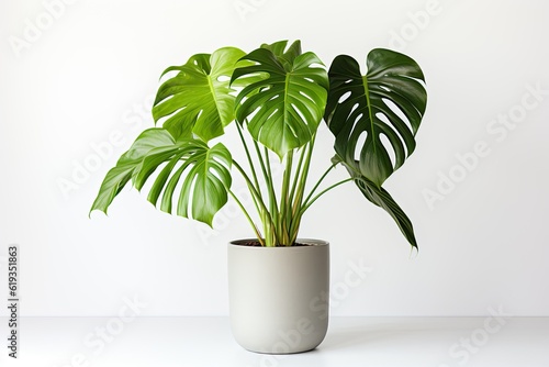 Clean image of a large leaf house plant Monstera deliciosa in a gray pot on a wh Fototapet