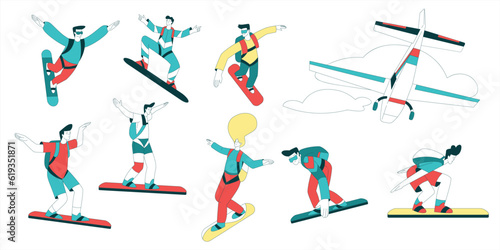 Air Sport with People Character Sky Surfing with Bag and Skysurf Board Vector Set