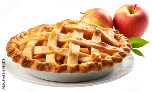Classic, traditional apple pie on a white plate with two apples on the background, side view. Isolated on transparent background. KI.