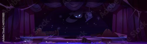 Abandoned theater stage with spooky ghost and dusty curtains. Vector cartoon illustration of old concert hall interior, broken decorations, spider web on walls, scary monster in air, nightmare