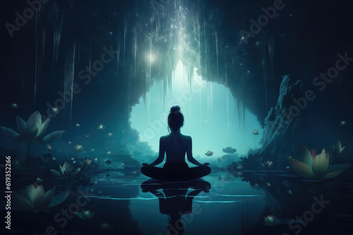 the beautiful woman in meditation  with lotus flower in background  generative AI