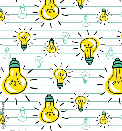 Cute hand drawn seamless pattern with doodle light bulbs on lined notepaper background. Cartoon tiling background.