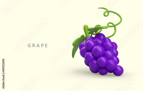3D bunch of purple grapes in cartoon style. Ripe sweet berries. Raw material for making wine, juice. Banner for advertising products with grape taste and smell