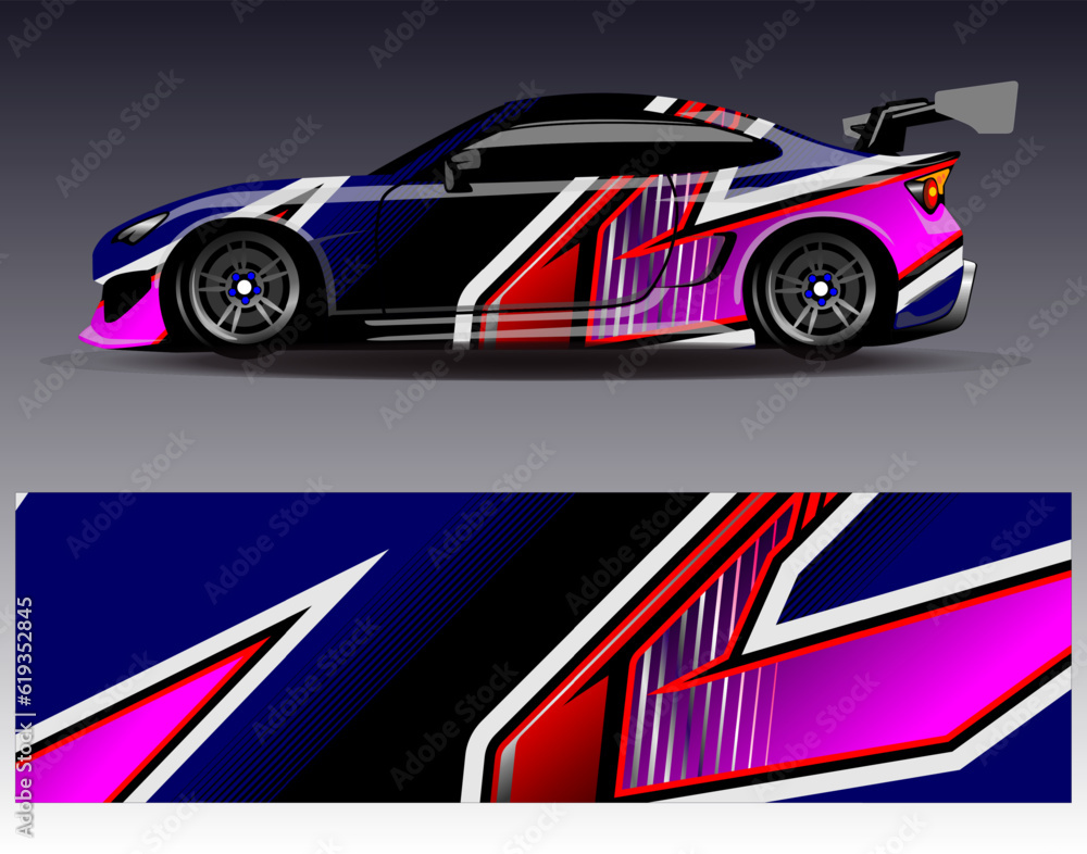 Fototapeta premium Car wrap design vector. Graphic abstract stripe racing background kit designs for wrap vehicle race car rally adventure and livery