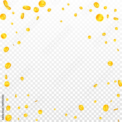 Indian rupee coins falling. Scattered gold INR