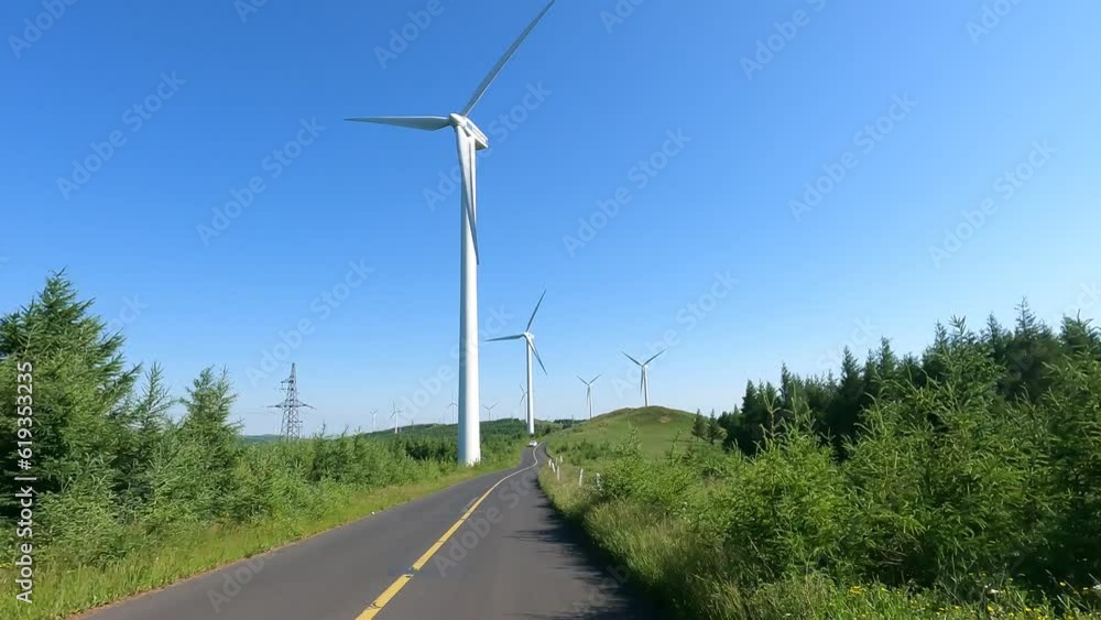 4K,real time, Driving through the wind turbines along a road across pine tree forest, China