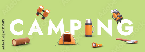 Modern banner with camping advertisement. Huge inscription with 3D elements in cartoon style. Tourist accessories. Ready made color print template. World Camping Day