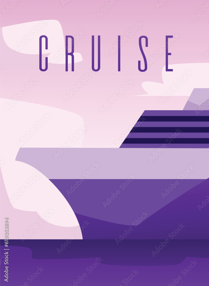 Vector poster of huge luxury cruise ship in the ocean. Cruise vacation concept. Cruise liner passenger ship, yacht sea voyage, ocean travel