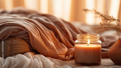 Closeup shot of massage candle in a glass jar standing on a surface covered with filded silk photo