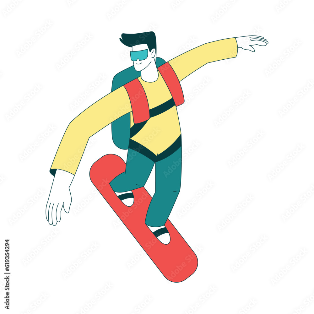 Obraz premium Air Sport with Man Character Sky Surfing on Board Perform Aerobatics During Freefall Vector Illustration