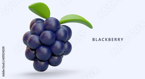 Voluminous blackberry with green leaves. Vector illustration in cartoon style. Sweet black ripe berry. Ecological ingredient for desserts. Healthy natural food