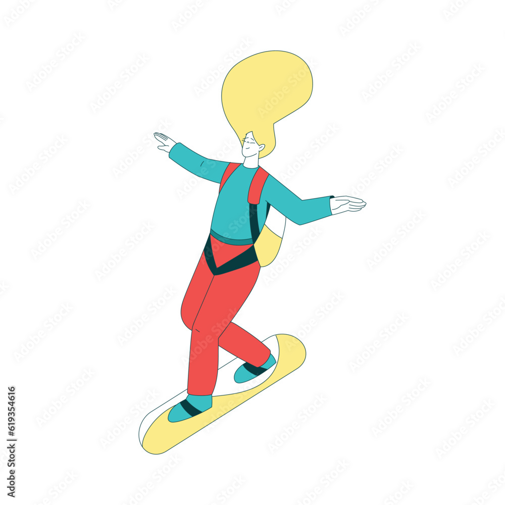 Air Sport with Woman Character Sky Surfing on Board Perform Aerobatics During Freefall Vector Illustration