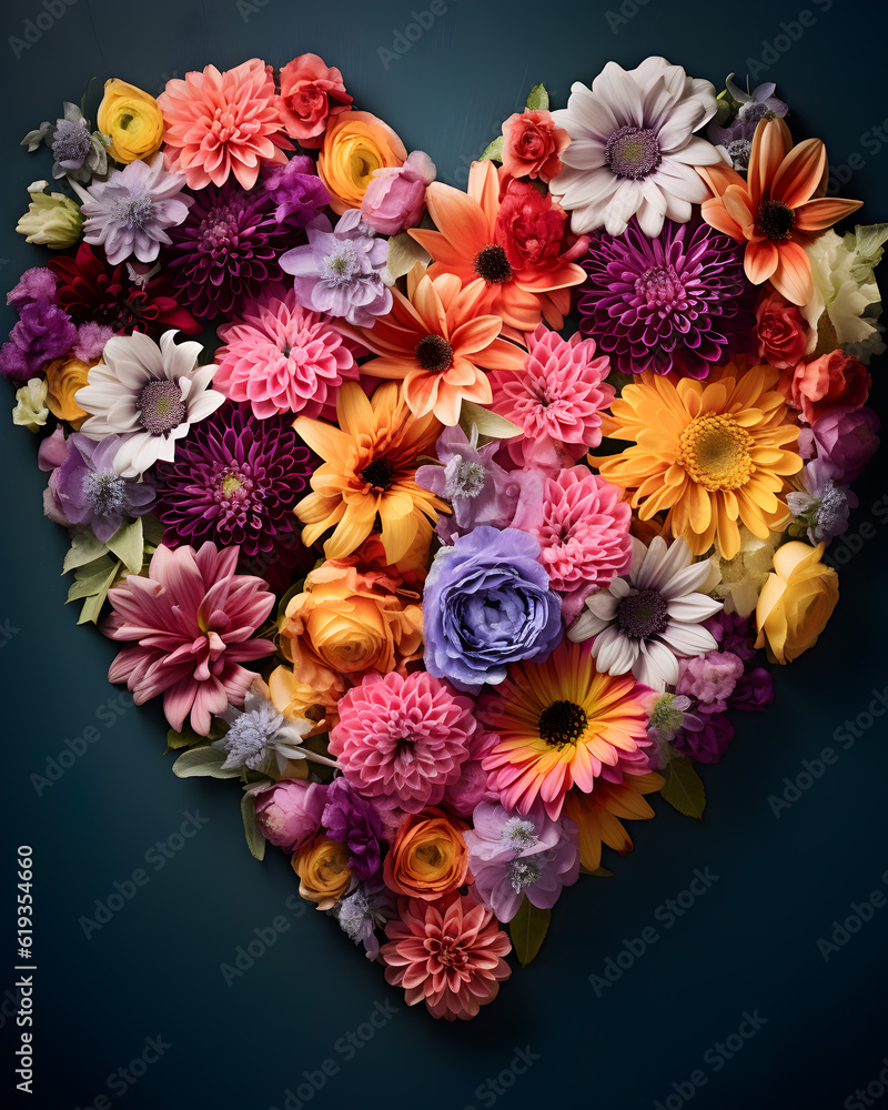 Colorful flowers arranged in heart shape. Flat lay, clean and minimal concept. Generative AI Colorful flowers arranged in heart shape. Flat lay, clean and minimal concept. Generative AI