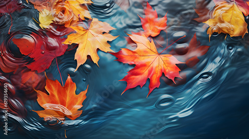 Autumn leaves floating on the water surface. Generative AI. © Soccer mom