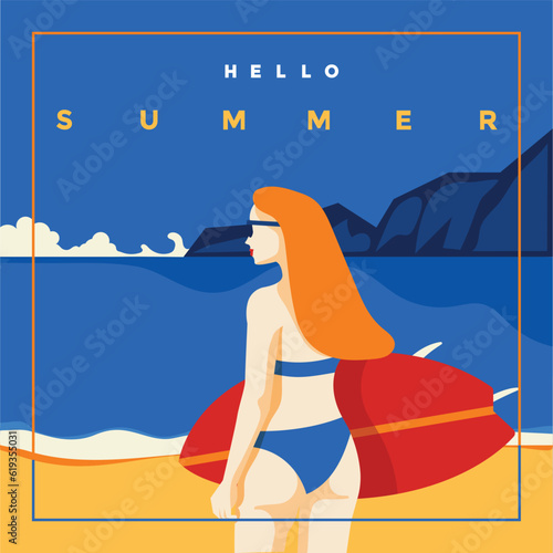 A vintage style poster with a Sea and a woman with surf board. Retro Summer holiday poster flat design. Vector Illustration