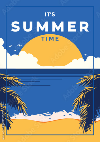 A vintage style poster with a tropical beach and a sunset on the sea. Retro Travel time poster flat design. Vector Illustration