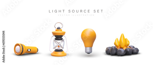 Set of 3D lighting resources. Equipment for night time. Flashlight, kerosene lamp, light bulb, tourist fire pit. Vector drawings on white background. Modern methods of lighting