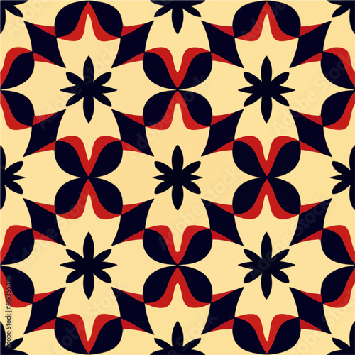 Bold black and red pattern contrasts against a vibrant yellow background. This repeating fabric pattern showcases a seamless design, emphasizing a dark flower motif, resulting in an eye catching.