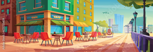 Outdoor city street summer cafe exterior cartoon vector illustration. Outside restaurant terrace with table, hammock chair near urban park. Public cafeteria in town building with cityscape landscape